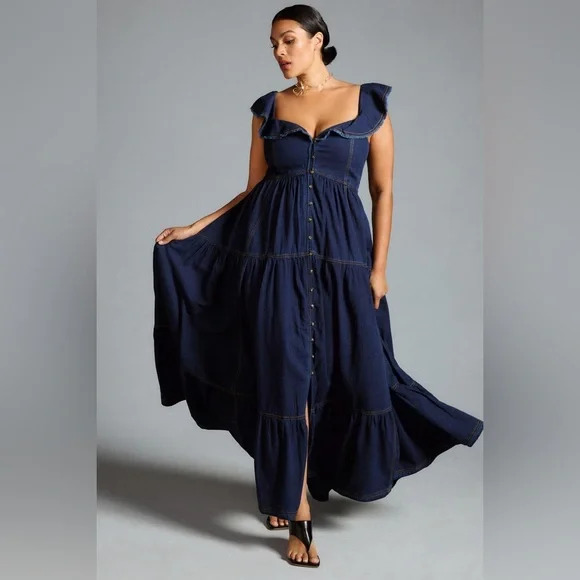 NEW Anthropologie Pilcro Sweetheart Flutter-Sleeve Denim Buttondown Dress 1X - Picture 1 of 6